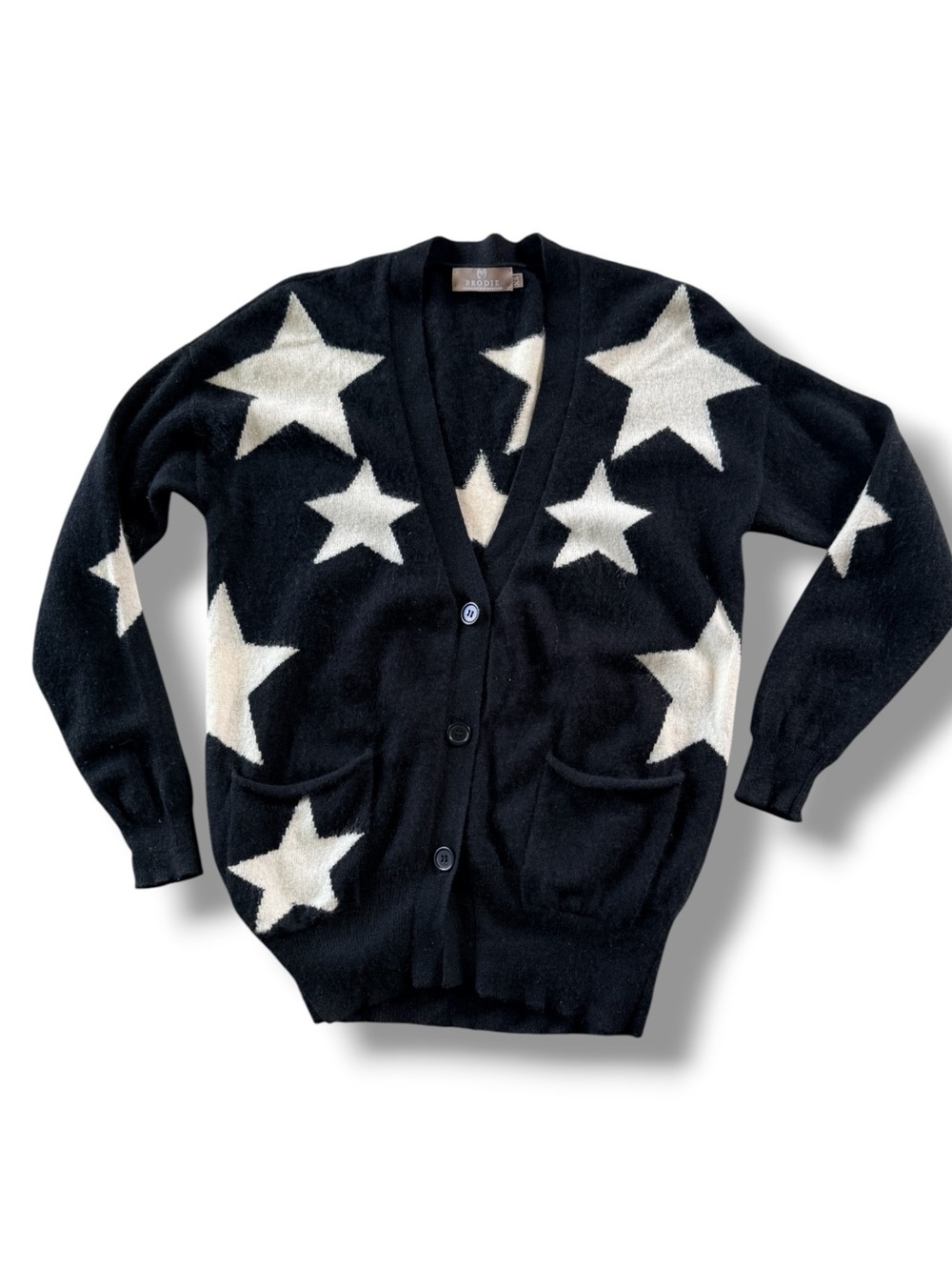 Brodie Cashmere Intarsia Star Cardigan Sweater Black Cream Size XS